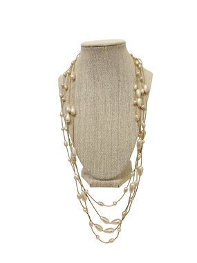 Vintage RMN Gold‑Tone Faux Pearl 2‑Strand Long Necklace, Layered Matinee Length